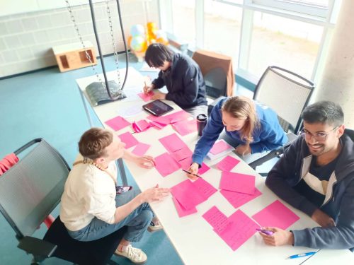 Eine Gruppe von vier Menschen sitzen zusammen und machen Design Thinking